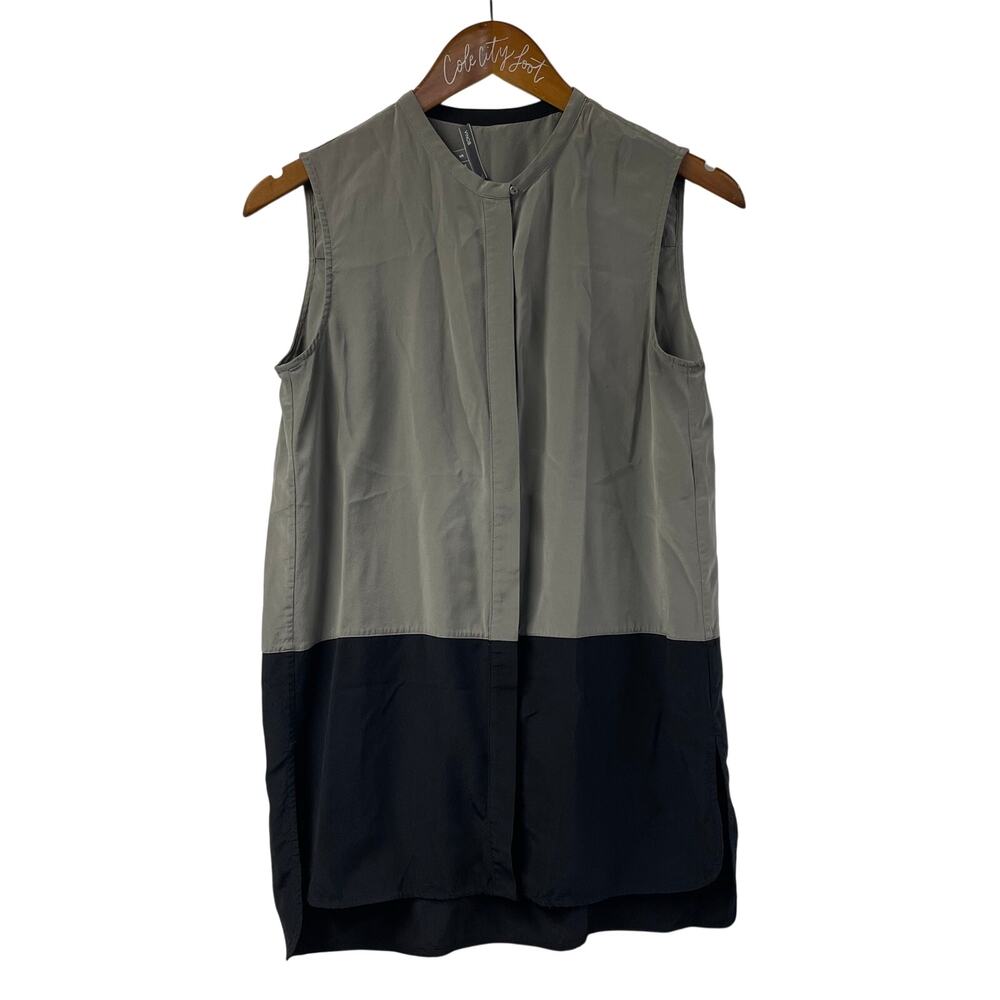Vince. 100% Silk Blouse Sleeveless Shell Tank Button Front Colorblock Gray Black